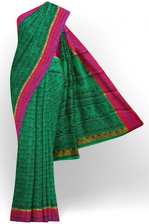 sri kumaran stores semi silk cotton printed green saree with pink red border 1
