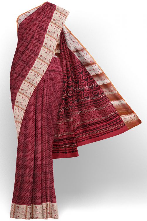 sri kumaran stores semi silk cotton printed maroon saree with golden border 1