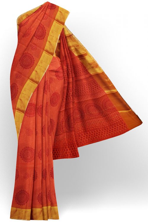 sri kumaran stores semi silk cotton printed orange saree with golden border 1