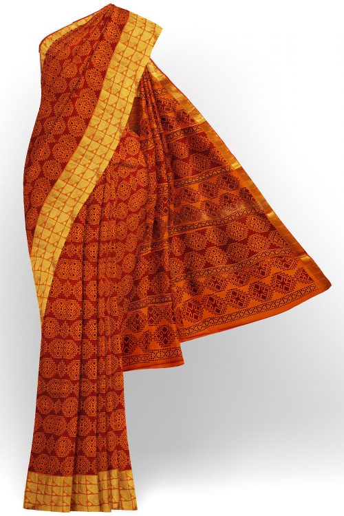 sri kumaran stores semi silk cotton printed orange saree with golden border 1 1