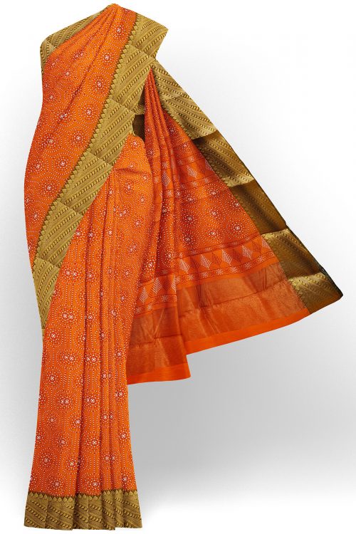 sri kumaran stores semi silk cotton printed orange saree with golden green border 1