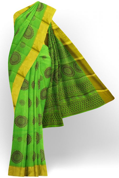 sri kumaran stores semi silk cotton printed parrot green saree with golden border 1