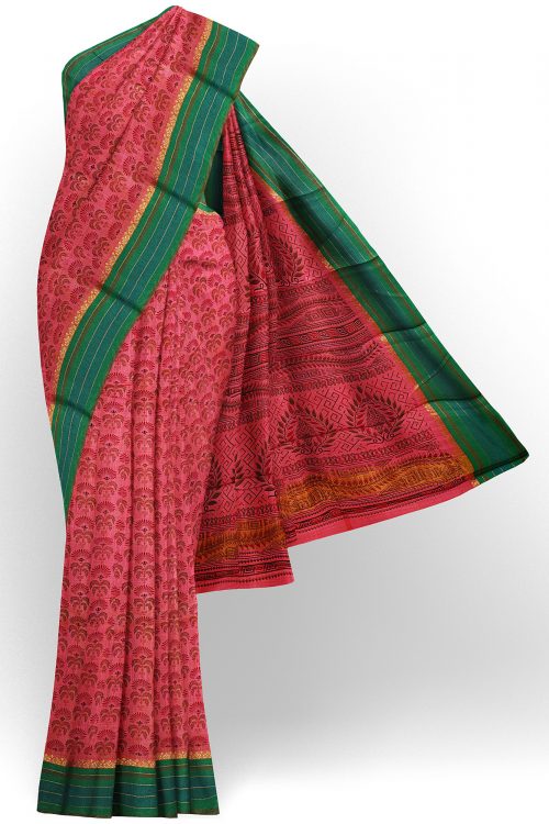 sri kumaran stores semi silk cotton printed pink saree with green border 1