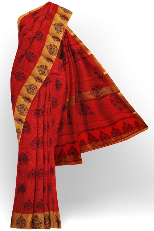 sri kumaran stores semi silk cotton printed red saree with golden border 1