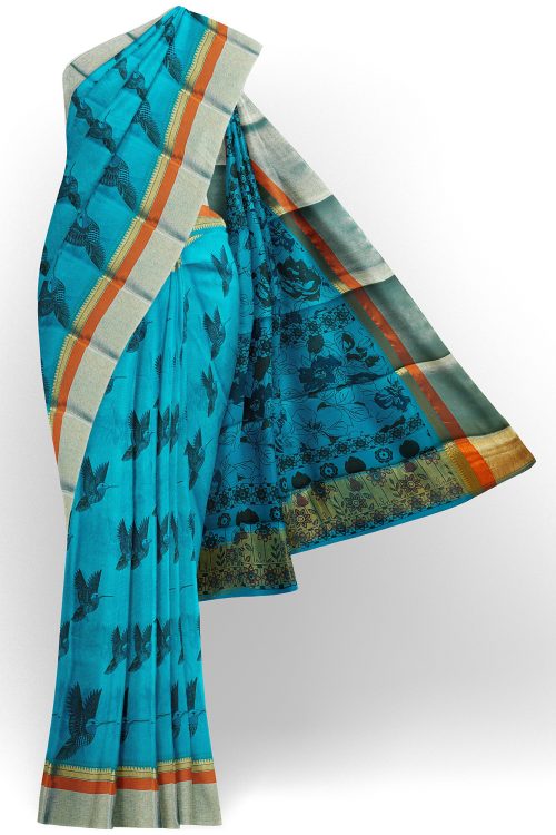 sri kumaran stores semi silk cotton printed sky blue saree with silver border 1 1