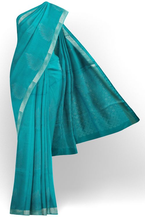 sri kumaran stores semi silk cotton saree sky blue saree with silver border 1