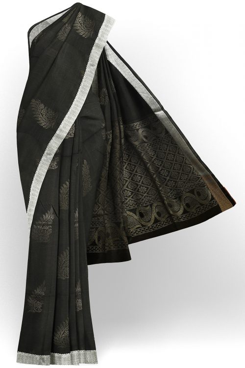sri kumaran stores semi silk cotton saree black saree with silver border 1