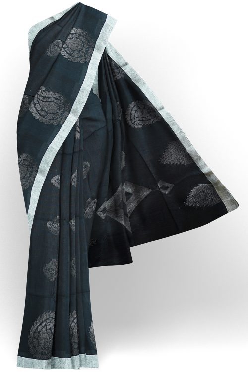 sri kumaran stores semi silk cotton saree dark grey saree with silver border 1