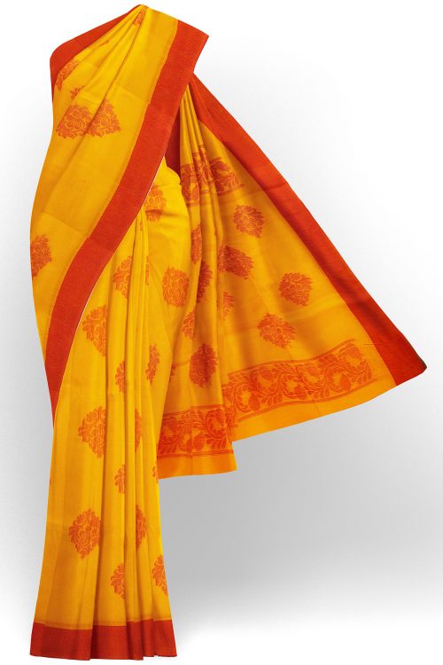 sri kumaran stores semi silk cotton saree yellow saree with red border 1