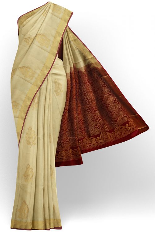 sri kumaran stores soft silk half white saree with golden brown border 1