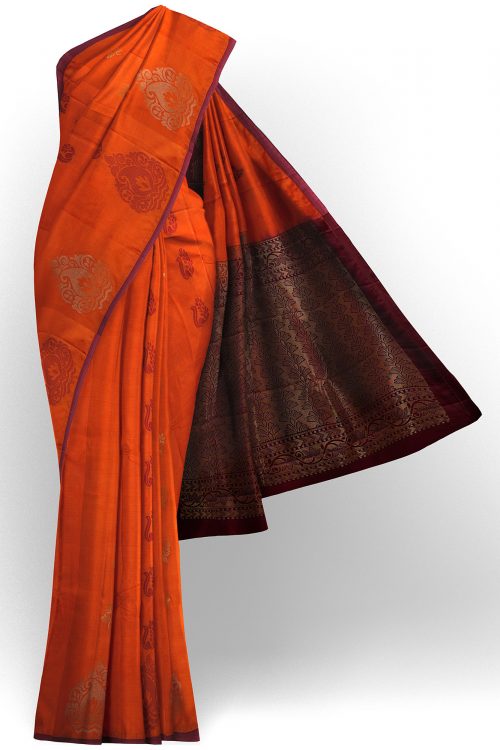 sri kumaran stores soft silk orange saree with brown border 1