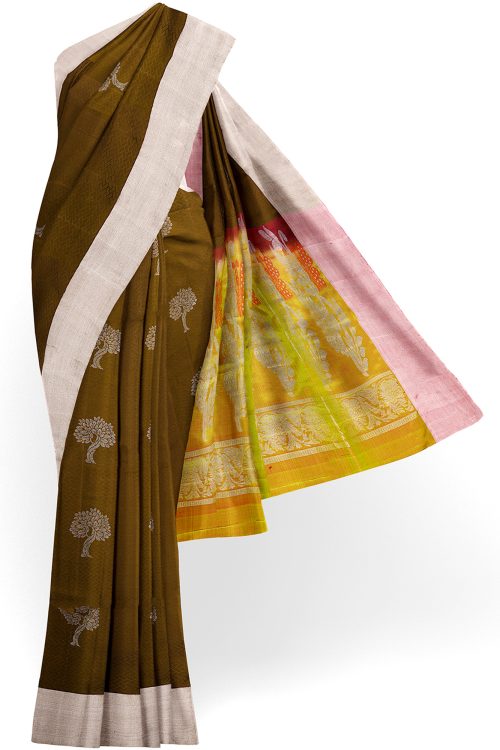 sri kumaran stores soft silk saree brown saree with white border 1