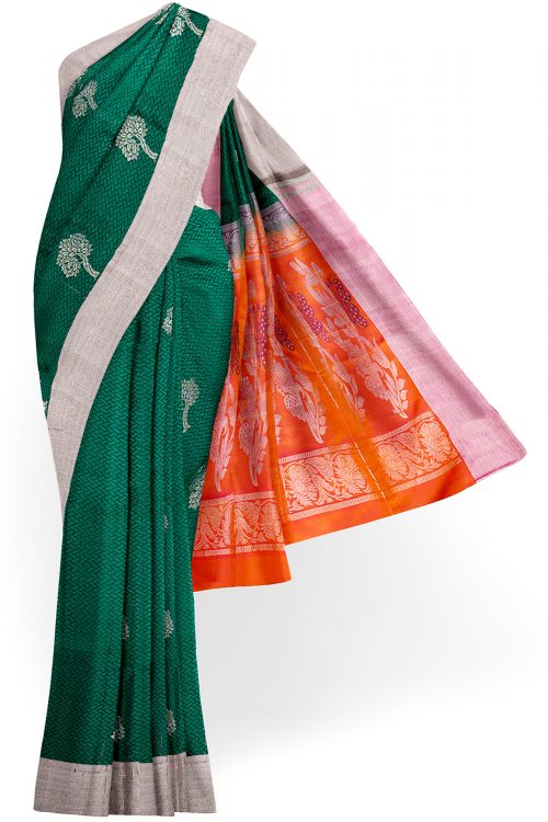 sri kumaran stores soft silk saree dark green saree with white border 1