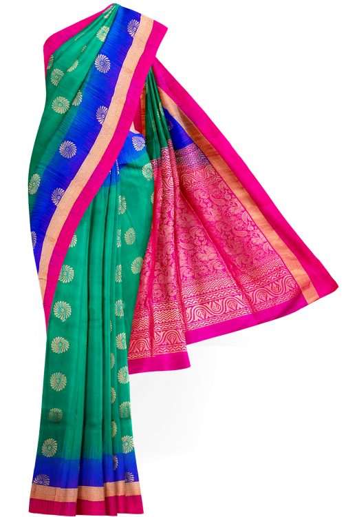sri kumaran stores soft silk saree green blue saree with golden pink border 1