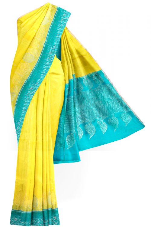 sri kumaran stores soft silk saree light yellow saree with sky blue border 1