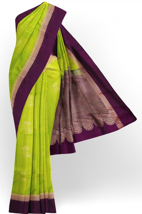 sri kumaran stores soft silk saree parrot green saree with purple border 1
