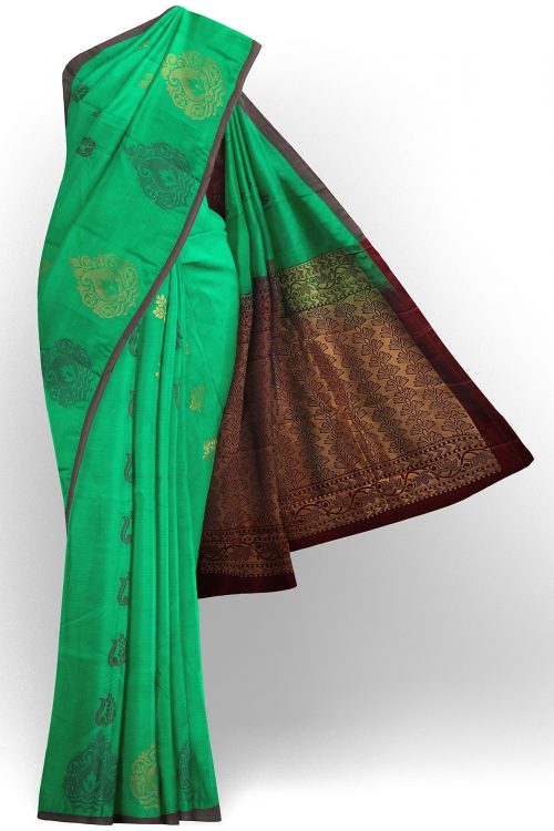 sri kumaran stores soft silk turquoise green saree with brown border 1