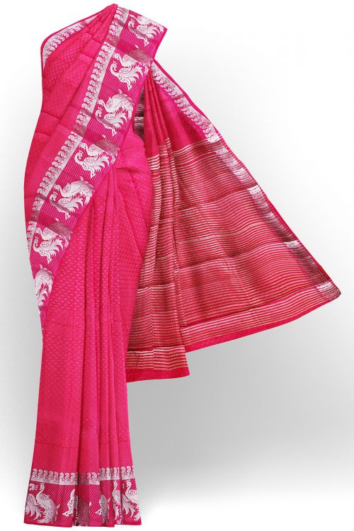 sri kumaran stores tussar silk baby pink saree with silver colour border 1