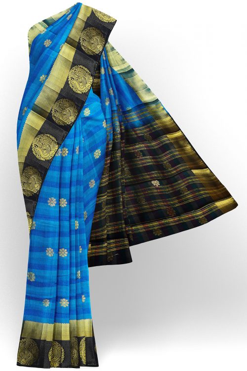 sri kumaran stores tussar silk blue saree with golden black border 1