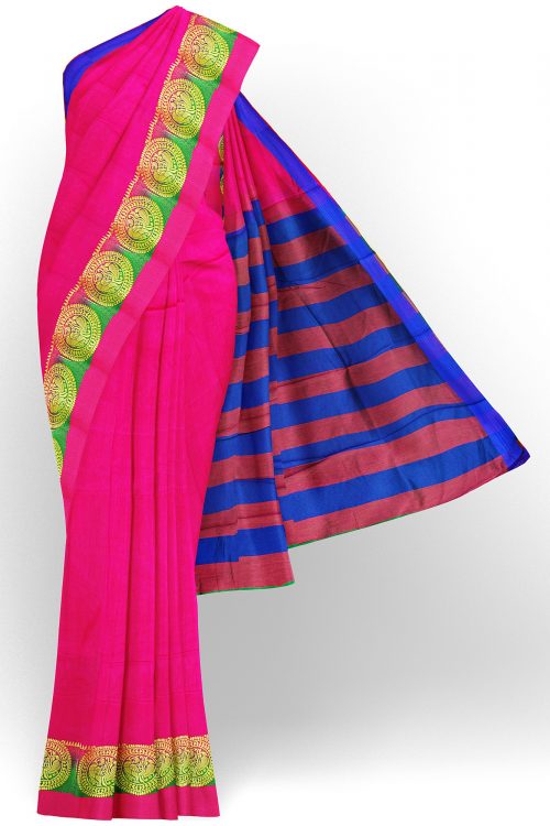 sri kumaran stores tussar silk bright pink saree with golden pink border 1