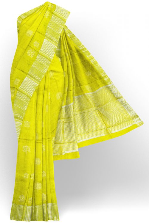 sri kumaran stores tussar silk bright yellow saree with golden border 1
