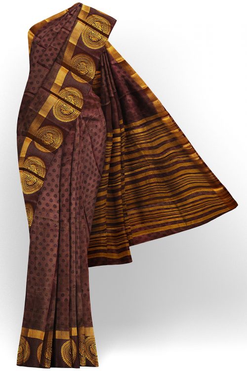 sri kumaran stores tussar silk dark brown saree with golden brown border 1