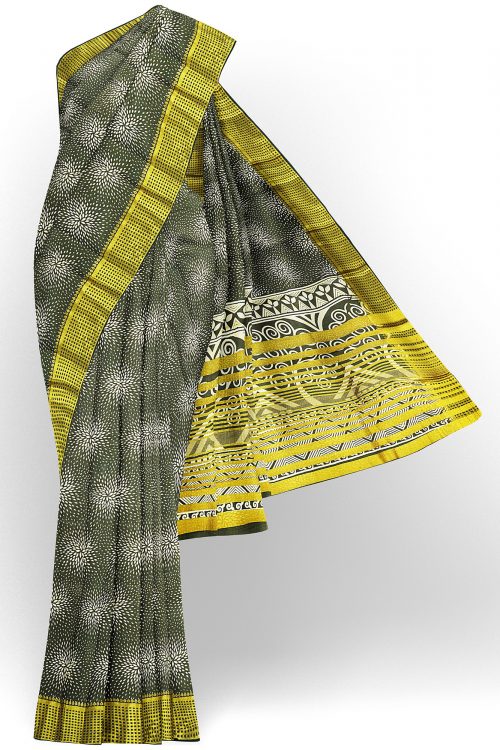 sri kumaran stores tussar silk dark green saree with golden yellow border 1