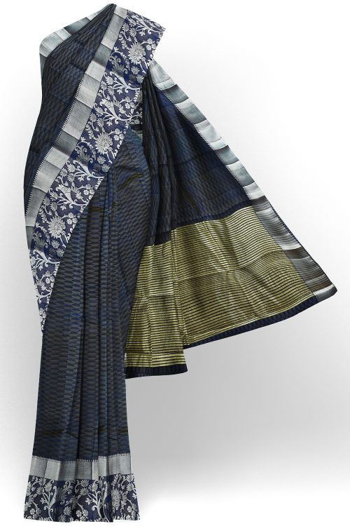 sri kumaran stores tussar silk dark grey saree with silver colour border 1