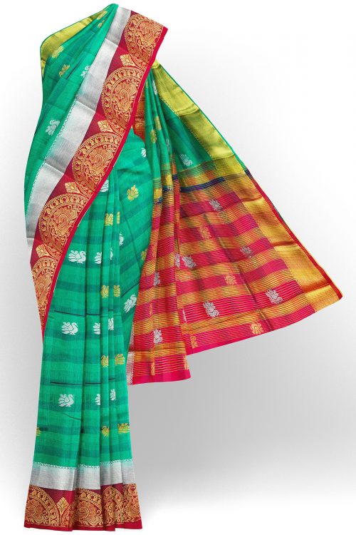 sri kumaran stores tussar silk green saree with golden red border 1
