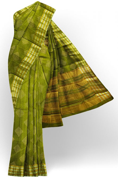 sri kumaran stores tussar silk green saree with golden silver border 1