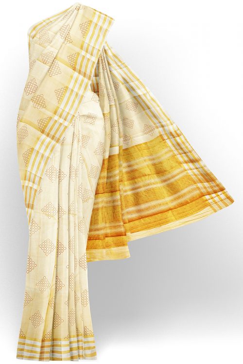 sri kumaran stores tussar silk half white saree with golden colour border 1