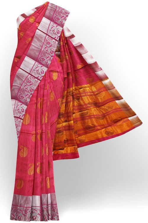 sri kumaran stores tussar silk pink saree with silver colour border 1