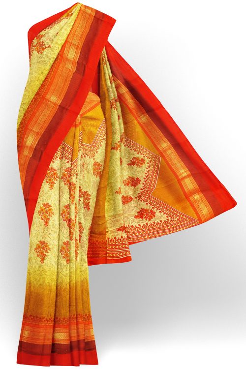 sri kumaran stores tussar silk yellow saree with golden red border 1